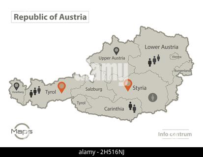 Österreich-Karte, einzelne Regionen mit Namen, Infografiken und Symbolvektoren Stock Vektor