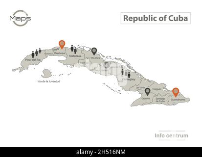 Kuba-Karte, einzelne Regionen mit Namen, Infografiken und Symbolvektoren Stock Vektor