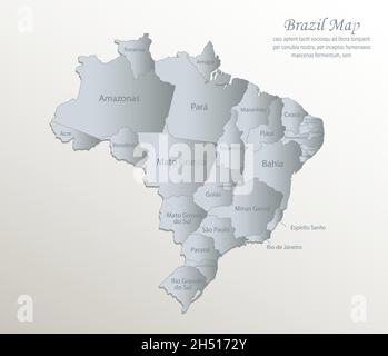 Brasilien-Karte, administrative Teilung mit Namen, weiß blaue Karte Papier 3D-Vektor Stock Vektor