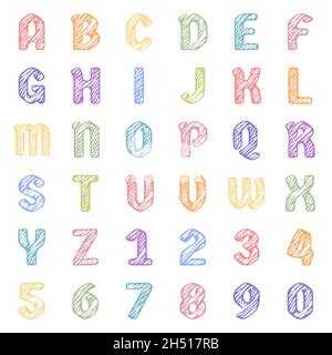 Ein Satz von bunten Buchstaben und Zahlen im Doodle-Stil. Scribble Alphabet Vektor Clipart. Stock Vektor