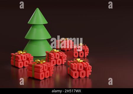 Weihnachtsbaum und Rabatt Prozentsätze wie Geschenkboxen auf dunklem Hintergrund. 3d-Illustration Stockfoto