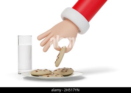 Cartoon santa claus Hand nimmt ein Cookie neben einem Glas Milch isoliert auf weißem Hintergrund. Weihnachtskonzept. 3d-Illustration. Stockfoto