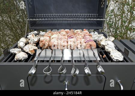 Marinierter Schaschlik oder Schischkebab, der auf dem Grill über Holzkohle zubereitet wird. Shashlik ist in Osteuropa sehr beliebt. Shashlyk oder Spieß Fleisch war original Stockfoto