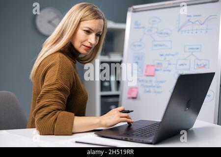 Frau mit Laptop im Büro Stockfoto