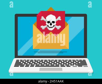 Pixelkunst, Vektordarstellung von E-Mails mit Computerviren. Der Schädel erscheint auf einem roten Buchstaben, der aus dem Umschlag ragt Stock Vektor