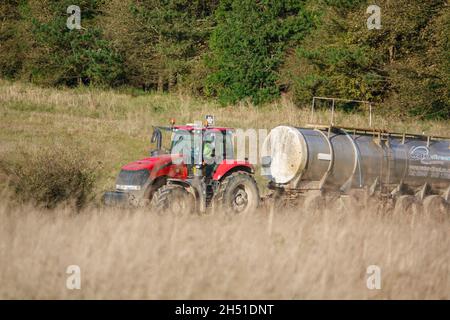 Ein großer Red Case 340 Magnum Traktor schleckt einen 30 Tonnen schweren Wasseranhänger über Ackerland Stockfoto