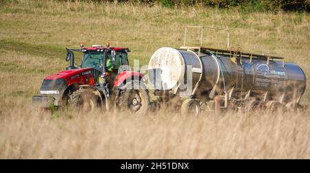 Ein großer Red Case 340 Magnum Traktor schleckt einen 30 Tonnen schweren Wasseranhänger über Ackerland Stockfoto