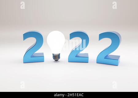 2022 Text mit Glühbirne in drei Dimensionen. Konzept für das neue Jahr. 3d-Illustration. Stockfoto