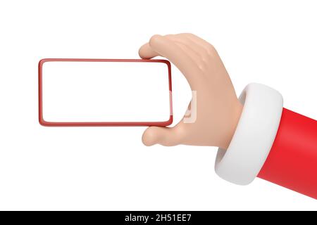 Santa Claus Cartoon Hand hält ein Mobiltelefon mit leerem Bildschirm. Weihnachtskonzept. 3d-Illustration. Stockfoto