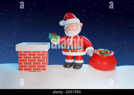 Cartoon Weihnachtsmann mit Geschenktüte auf einem verschneiten Dach. Weihnachtskonzept. 3d-Illustration. Stockfoto