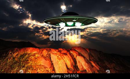 Ein unbekanntes fliegendes Objekt schwebt über dem Boden (3d-Rendering) Stockfoto