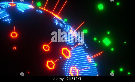 Ein holographischer Globus mit Markern (3d-Rendering) Stockfoto