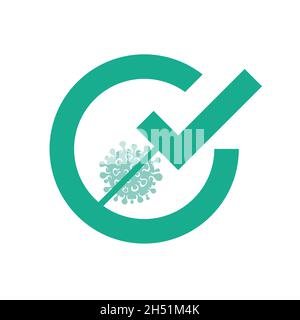 Geimpft COVID-19. Logo für die Ankündigung von Impfinformationen. Grüner Stempel für Impfungen. Abstraktes Symbollogo in Form einer flachen Spritze. Stock Vektor