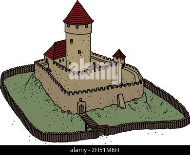 Die vektorisierte Handzeichnung einer alten gotischen Steinburg Stock Vektor