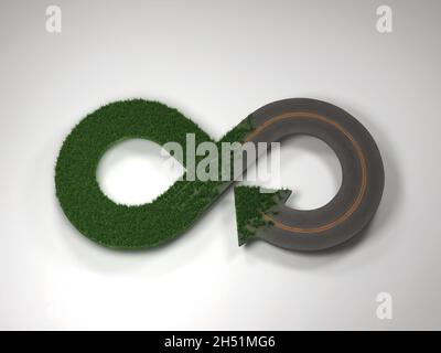 3d-Rendering des kreisförmigen Unendlichkeits-Symbols, das den Übergang zwischen künstlich und natürlich zeigt Stockfoto