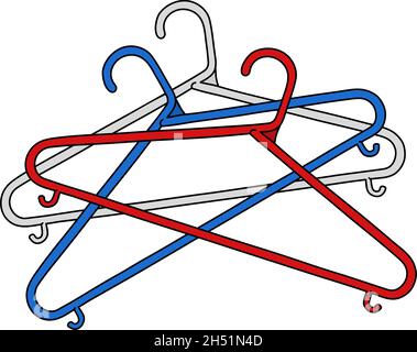 Die vektorisierte Handzeichnung von drei einfachen farbigen Kunststoff-Kleiderbügeln Stock Vektor