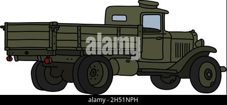 Die vektorisierte Handzeichnung eines alten Khaki-Militärlastwagens Stock Vektor