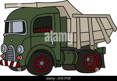 Die vektorisierte Handzeichnung eines Retro Green Dumper Trucks Stock Vektor