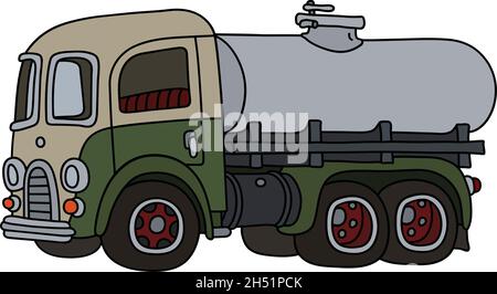 Die vektorisierte Handzeichnung eines witzigen klassischen grün-weißen Tankwagens Stock Vektor