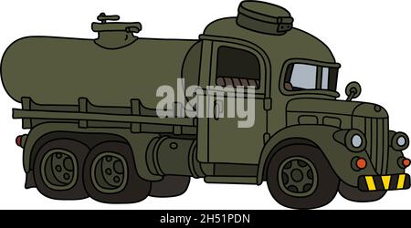 Die vektorisierte Handzeichnung eines lustigen grünen Militär-LKW-Oldtimers Stock Vektor