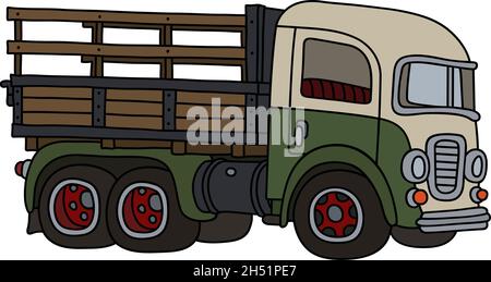 Die vektorisierte Handzeichnung eines lustigen alten grünen und cremefarbenen LKW Stock Vektor
