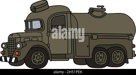 Die vektorisierte Handzeichnung eines lustigen grünen Militär-LKW-Oldtimers Stock Vektor