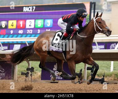 Del Mar, USA. November 2021. Jockey Joel Rosario, auf der Spitze von Echo Zulu, gewinnt bei den Breeders' Cup Championships in Del Mar in Del Mar, Kalifornien, das Rennen der Zuchtmeister-Stutfohlen. 5. November 2021. Foto von Mark Abraham/UPI Credit: UPI/Alamy Live News Stockfoto