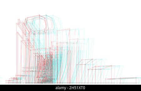 Abstraktes RGB Glitch Architectural, Farbe Doppelbelichtung, Glitch, 3d-Illustration Stockfoto