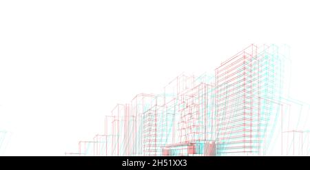 Abstraktes RGB Glitch Architectural, Farbe Doppelbelichtung, Glitch, 3d-Illustration Stockfoto