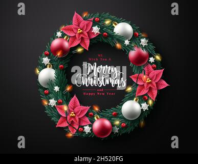 Vektor-Design mit Weihnachtskranz. Fröhliche weihnachten Text mit Girlande-Elementen für Weihnachten Grußkarte in schwarzem Hintergrund. Vektorgrafik. Stock Vektor