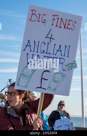 Southend on Sea, Essex, Großbritannien. November 2021. Schwimmer und besorgte Einheimische protestieren gegen die Ableitung von Abwasser in die Themse-Mündung in Southend on Sea. Die Strände sind seit dem 21. Oktober geschlossen, nachdem eine durch starken Regen verursachte Kontamination durch eine Fallleitung und eine Verstopfung in einer Leitung, die die nahe gelegenen Aufbereitungsarbeiten von Anglian Water speist, verursacht wurden. Die Reparaturarbeiten sind abgeschlossen, aber Umweltschäden bleiben bestehen und die Demonstranten glauben, dass mehr getan werden muss, um wiederholte Probleme zu vermeiden Stockfoto