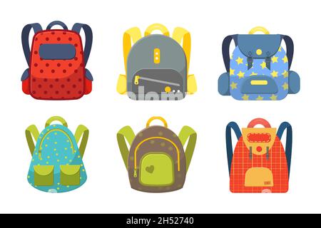 Set aus farbigen Schulrucksäcken für Kinder im flachen Stil. Bildung, Studium zurück in die Schule, Rucksack. Isoliert auf weißem Hintergrund. Vektorgrafik. Stock Vektor