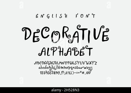 Dekorative Cartoon Alphabet Buchstaben und Zahlen. Vector lustige lockige Schriftart für Weihnachten und Kinder Design-Stil. Stock Vektor