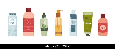 Set von tiefenreinigenden Kosmetika. Hautpflege. Morgendliche Routine. Gesichtsschminke entfernen. Handgezeichnetes Beauty-Produkt. Vektor-Illustration im flachen Cartoon-Stil Stock Vektor