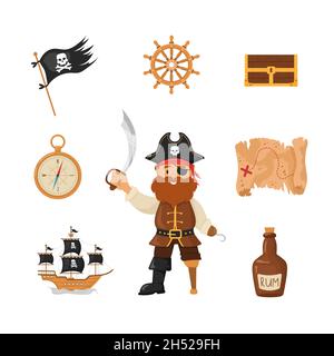 Ein Paket von Piratenartikeln. Mann in Piratenkostüm, Leuchtturm, Flagge, Säbel, Schiff, Schatzkiste. Pirateriesammlung auf weißem Hintergrund isoliert Stock Vektor