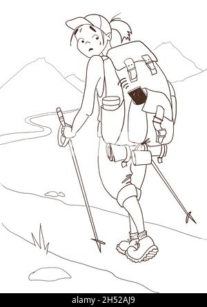 Nettes Mädchen Tourist mit einem riesigen Rucksack auf einer Wanderung. Unerwarteter Anruf. Humor Konzept skizzieren Illustration Stockfoto