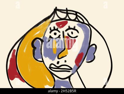 Künstlerisch schockierte Menschen porträtieren blonde Haare und Krone großes Auge und Mund Design Malerei Kubismus mit Picasso-Inspiration. Ästhetische Acryl Malerei wi Stockfoto