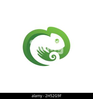 vektor-Design. Kombinationslogo aus Chamäleon und Handpflege. Tierpflegekonzept. Stock Vektor