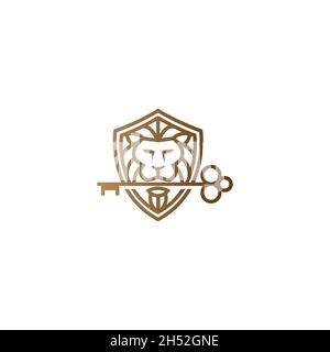 vektorgrafik. Logo in Form eines Löwenkopfschildes mit Schlüsselbeißen. Stock Vektor