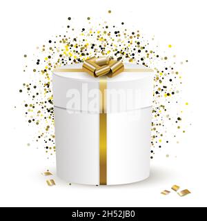 Weißes Geschenk und goldene Schleife auf glitzerndem Konfetti-Hintergrund. Realistische Vektordarstellung Stock Vektor