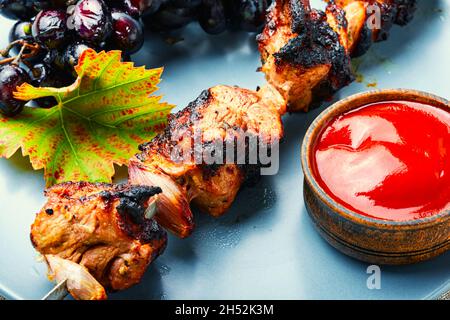 Appetitlich frisches Fleisch Kebab in Traubenmarinade Stockfoto