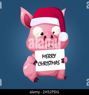 Crazy Cartoon Schwein trägt Weihnachtsmann Hut und wünscht frohe Weihnachten Premium Vector Stock Vektor