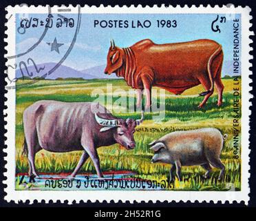 LAOS - UM 1983: Eine in Laos gedruckte Marke zeigt Ochsen und Schwein, um 1983 Stockfoto