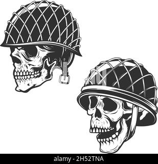 Set von Illustrationen von Soldaten Schädel in militärischen Helm. Designelement für Logo, Etikett, Schild, Emblem. Vektorgrafik Stock Vektor