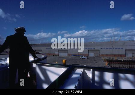 Ankunft North Shields Royal Quays Hafen von Tyne Autofähre Terminal um 1993 auf Fjord Line Schiff MS Jupiter Stockfoto