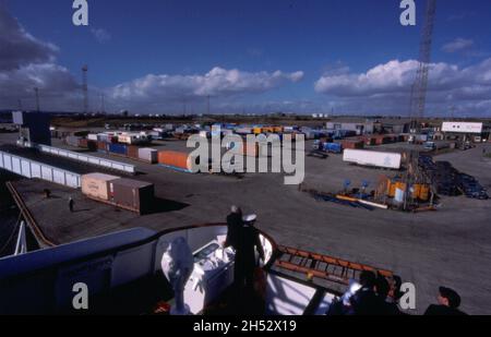 Ankunft North Shields Royal Quays Hafen von Tyne Autofähre Terminal um 1993 auf Fjord Line Schiff MS Jupiter Stockfoto