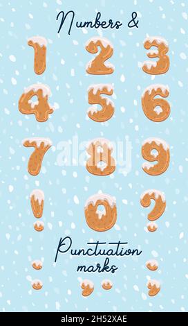 Handgefertigte Weihnachten Lebkuchen Alphabet Ziffern Set. Schriftart im Cartoon-Stil. Kunstdesign Brief. Festliche Grußkarte mit Schriftzug auf Winterschnee Stock Vektor