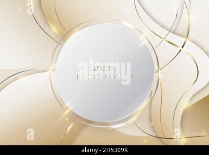 Abstrakter flüssiger Gradient formt goldene Wellenlinien und Lichteffekt mit weißem Kreis Label Raum Text hier Luxus Hintergrund. Vektorgrafik illust Stock Vektor