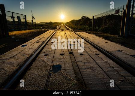 Frost und Eis auf den Schienen Stockfoto