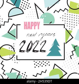 Banner für ein frohes neues Jahr 2022. Abstrakt Winter Urlaub Hintergrund mit Weihnachtsbaum. Weihnachtskarte mit handgeschriebenem Schriftzug in Neunzigern Geometri Stock Vektor